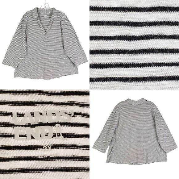 Lands End Shirt Womens Plus Size 2X Black White Stripe 3/4 Sleeve Polo Collar - Picture 1 of 10
